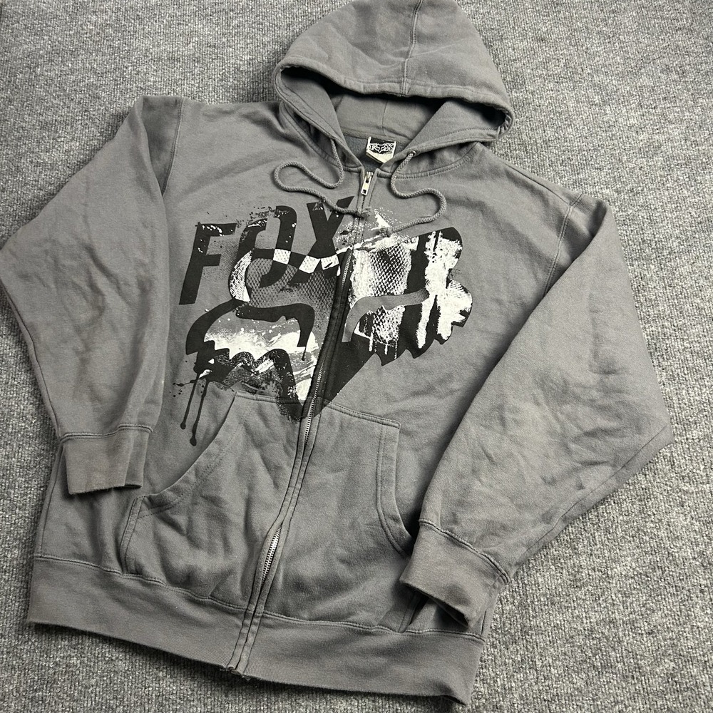 Fox Racing Hoodie Mens Medium Gray Full Zip Graphic Fleece Moto Sweatshirt